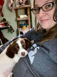 Woman with glasses holding a brown and white dog; indoors.