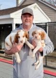 Man holding two tan and white puppies outside a building.