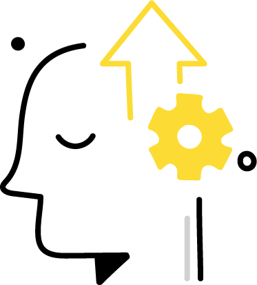 Outline of a face, with gears and an arrow pointing up, in yellow and black.