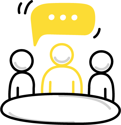 Three stick figures at a table, one speaking with a yellow speech bubble.