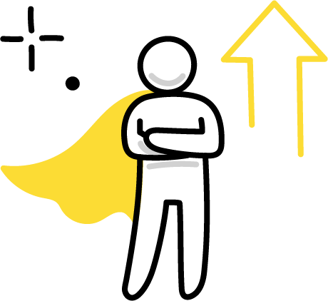 Person with yellow cape, arms crossed, upward arrow, starburst.