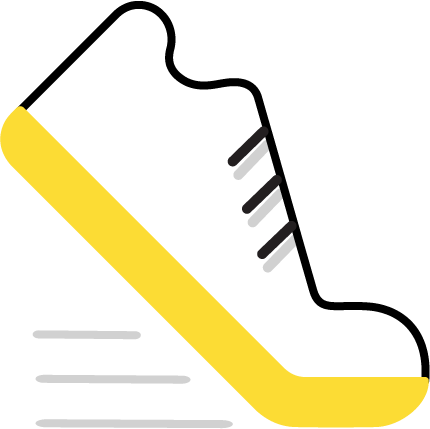 Yellow-soled running shoe in motion, black laces, gray speed lines.