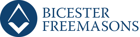 A blue and white logo for bicester freemasons