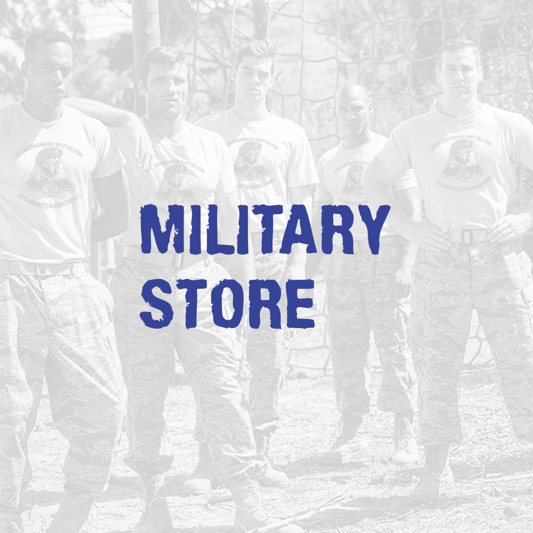 A group of military men are standing next to each other in front of a sign that says military store.