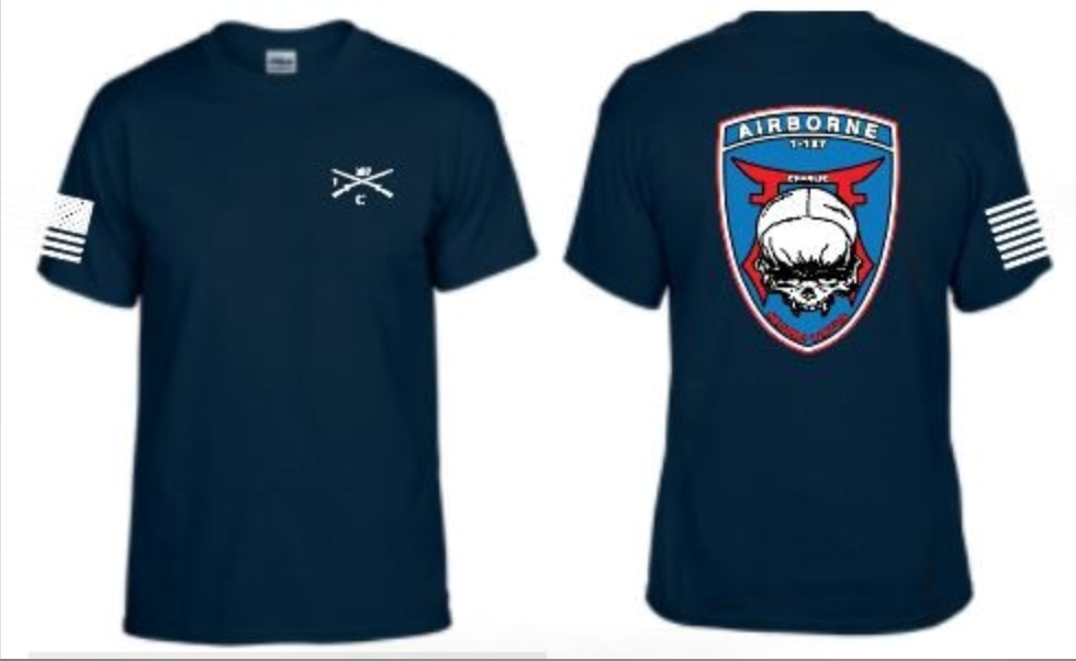 The front and back of a blue t-shirt with a skull on it.
