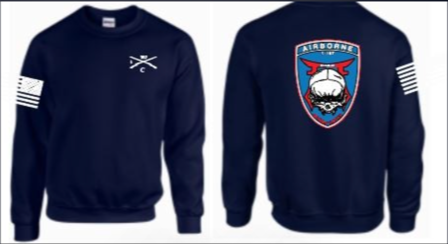 A blue sweatshirt with a badge on the back