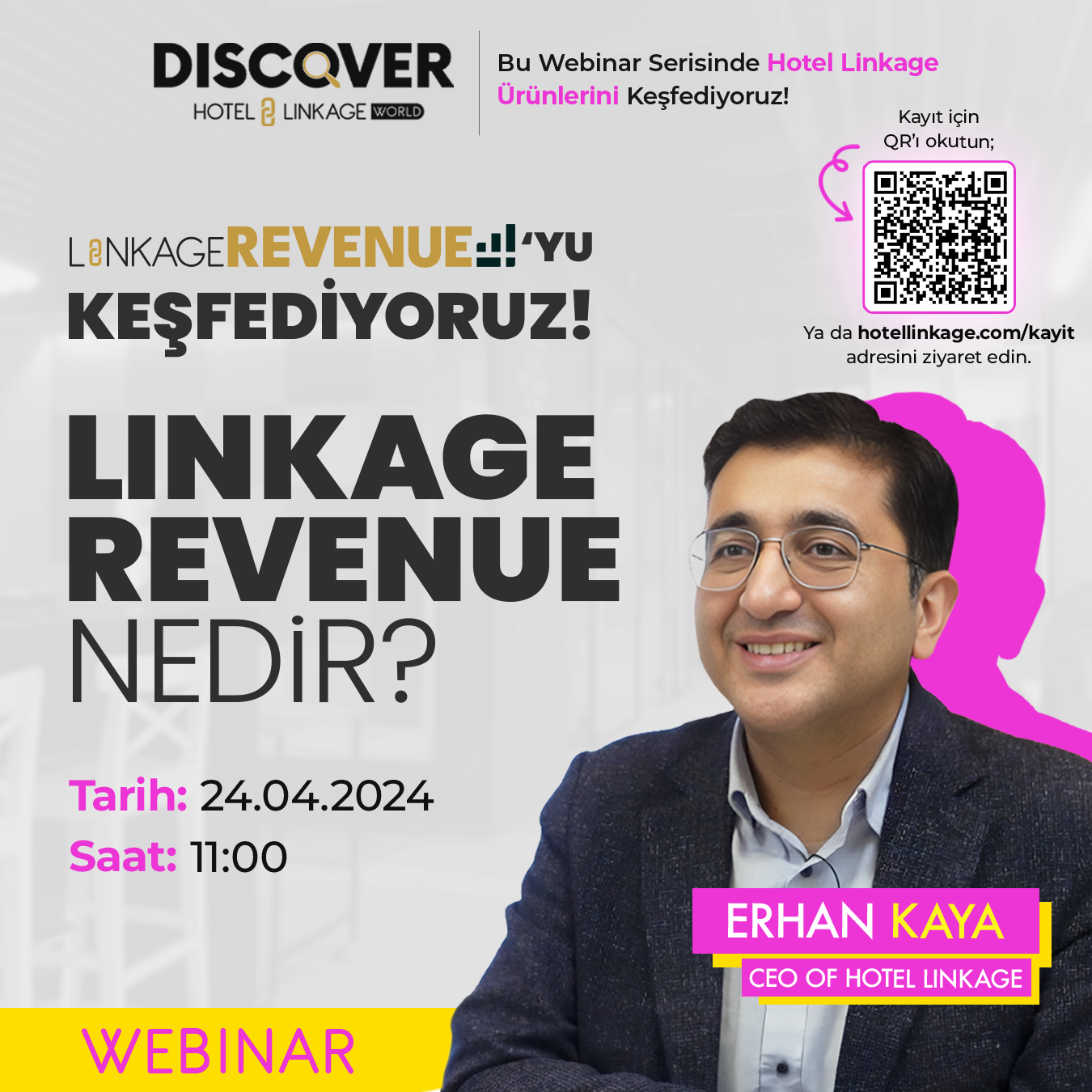 Promotional poster for the 'Discover Hotel Linkage' webinar scheduled for March 14, 2024, at 8:00 PM. The poster features a photo of Erhan Kaya, CEO of Hotel Linkage, along with the event title 'WHAT IS LINKAGE CRS?', registration information, and a QR code.