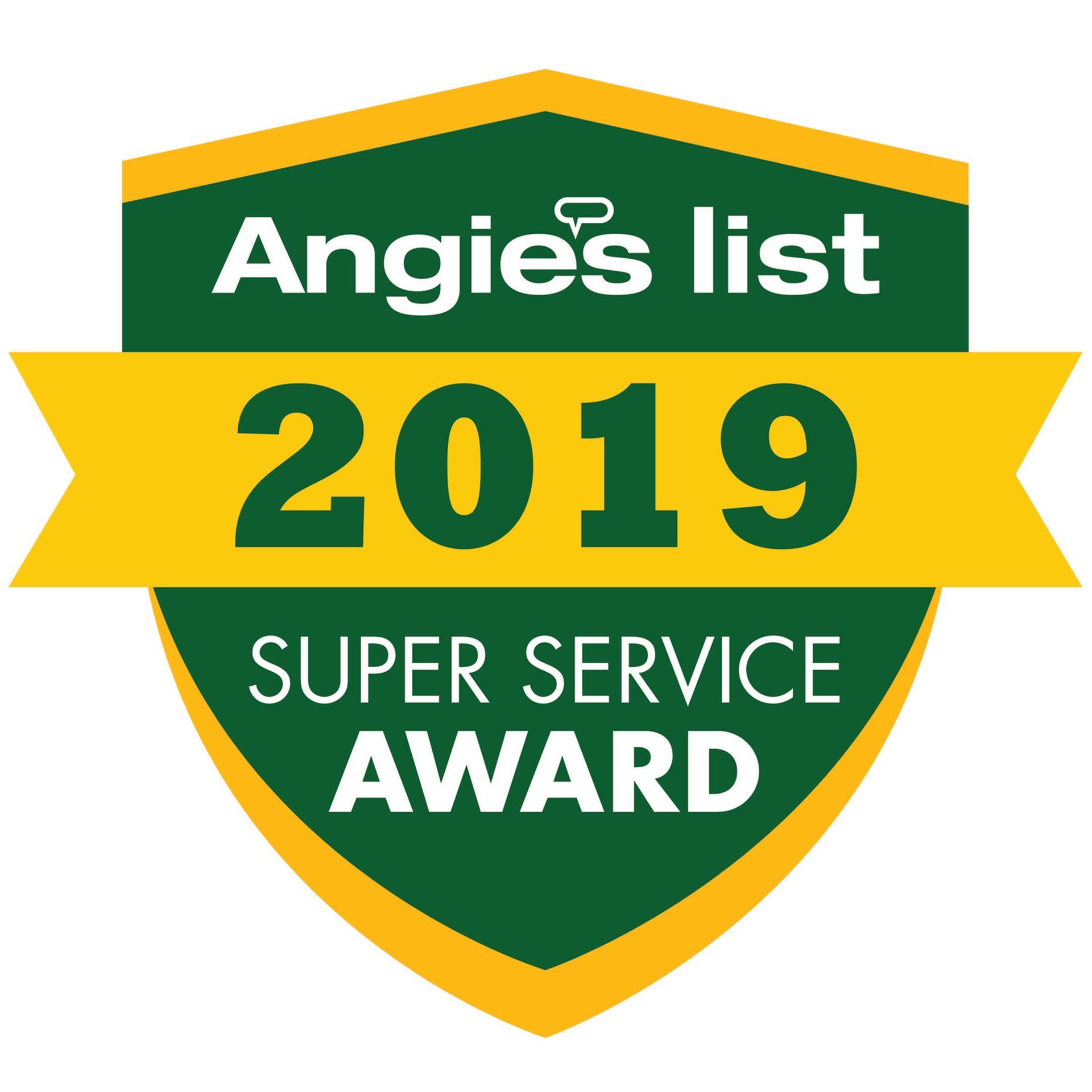 Angie's List 2019 Super Service Award badge, green shield with yellow ribbon and white text.