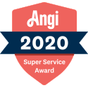 Angi 2020 Super Service Award badge; red shield with navy banner and white text.