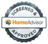 HomeAdvisor screened and approved badge with logo and text on a silver background.