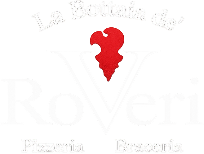 Logo per La Bottega de' Roveri Pizzeria e Birreria: testo bianco, forma astratta rossa,