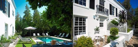 A white house with a swimming pool in the backyard