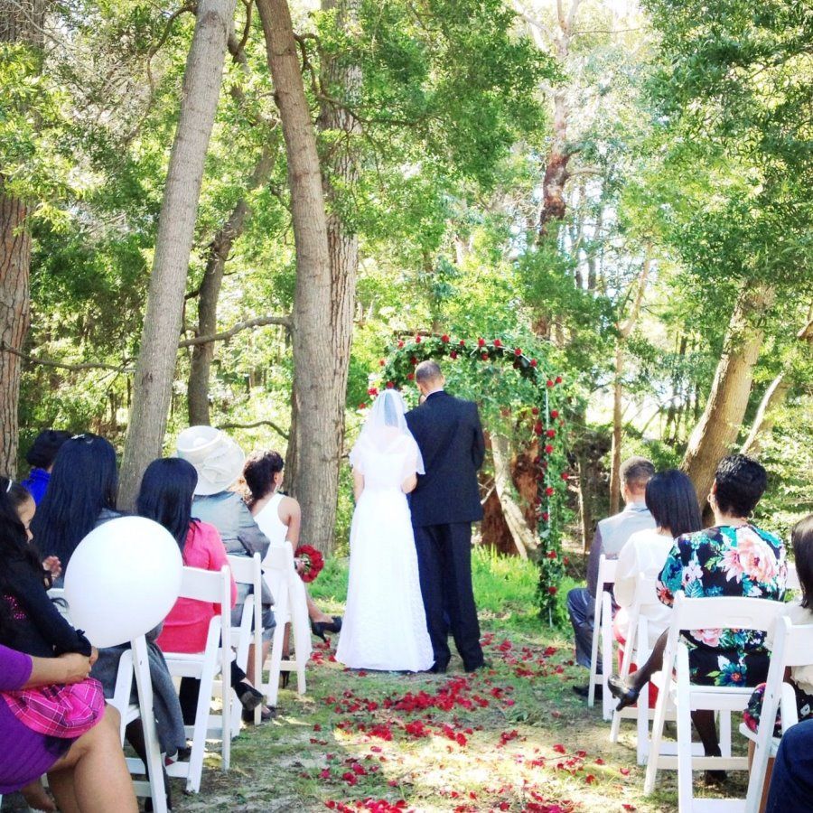A bride and groom are getting married in the woods