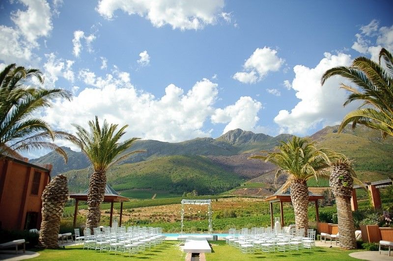 A lawn with palm trees and mountains in the background
