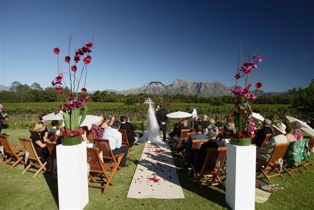 A bride and groom are getting married in a field with a mountain in the background