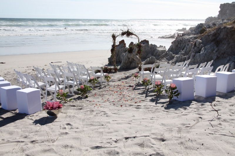 A wedding ceremony is taking place on the beach.