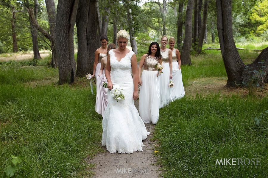 A bride and her bridesmaids are walking down a path in the woods.