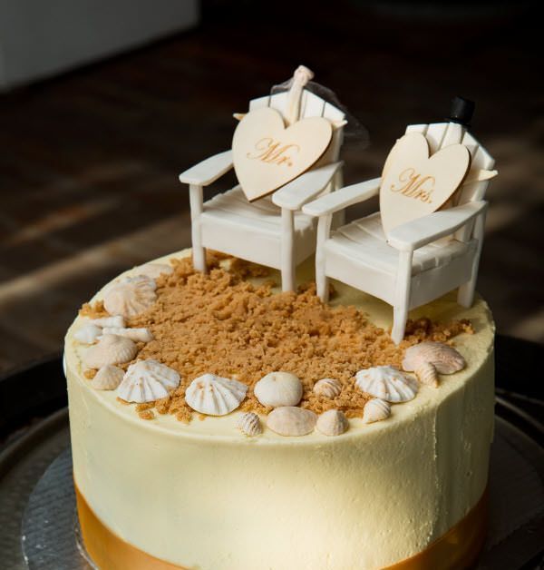 A cake with two chairs on top that say mr. and mrs.