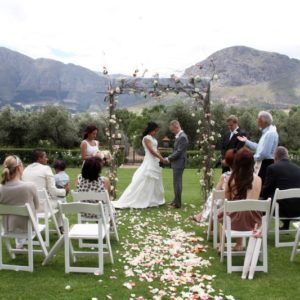 A bride and groom are getting married in a field with mountains in the background.