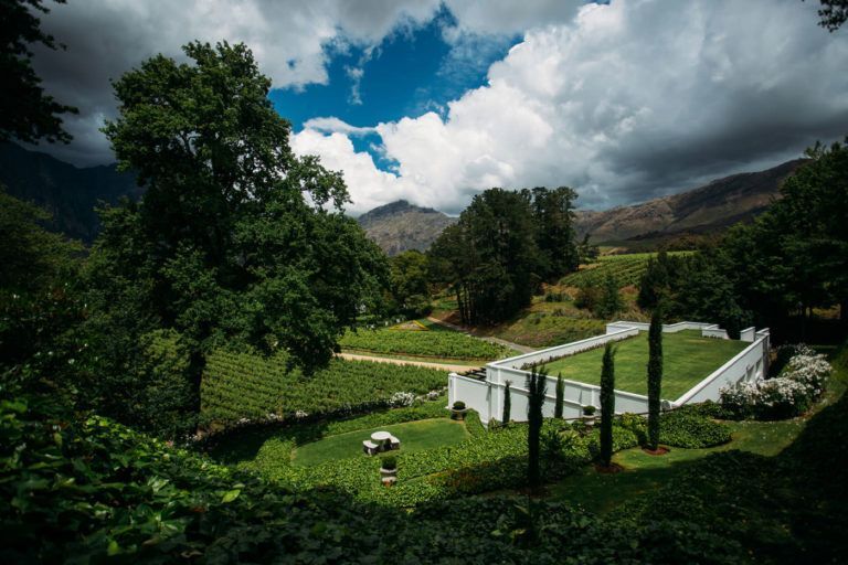 A view of a lush green field with trees and mountains in the background.