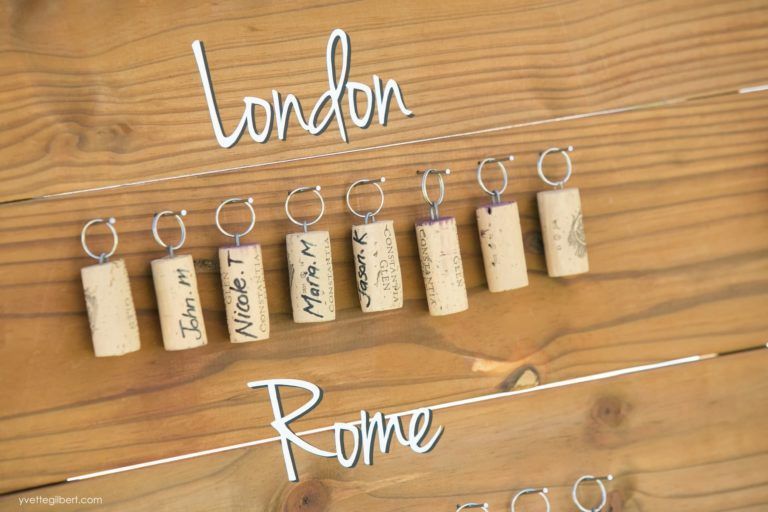 A wooden table with corks on it and the words london rome written on it