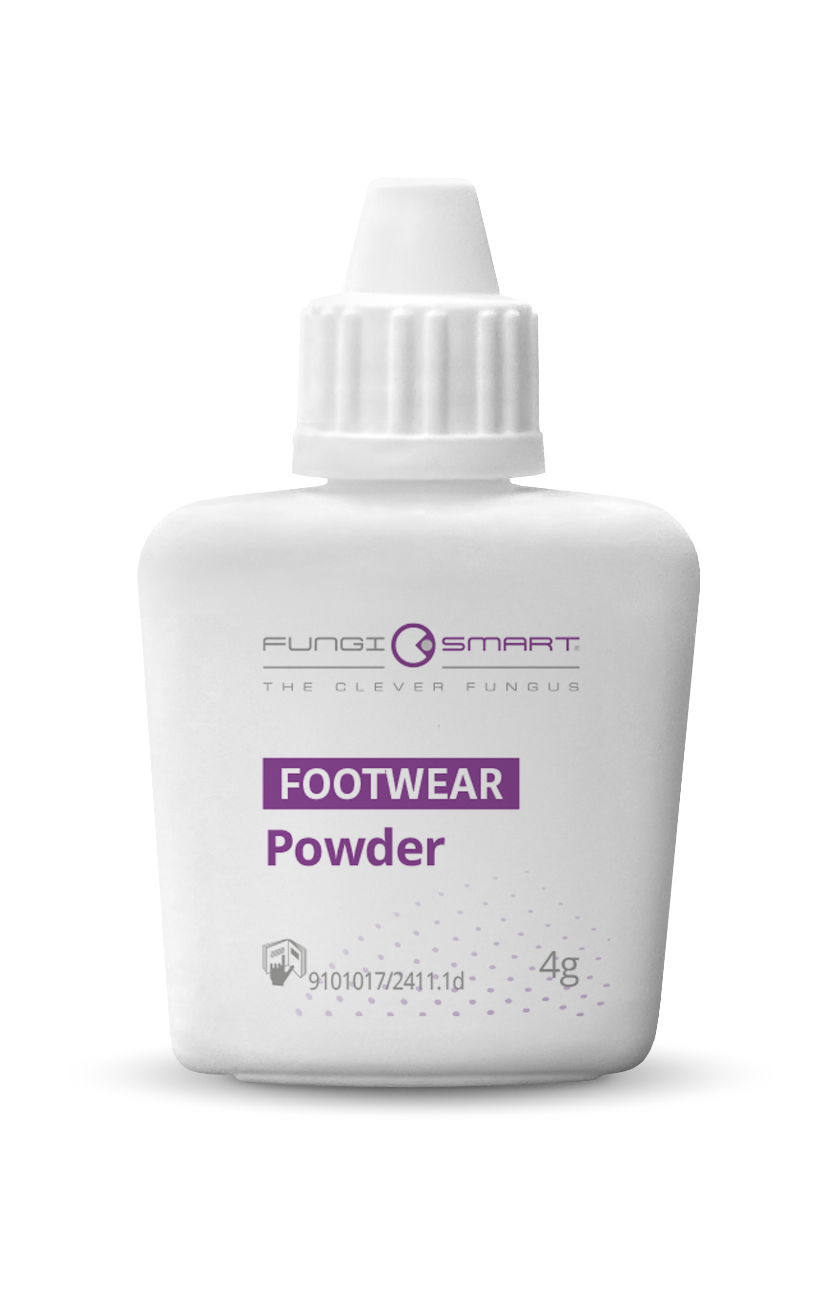 Een witte fles Pungx Smart Footwear Powder met een paars etiket op een witte achtergrond.