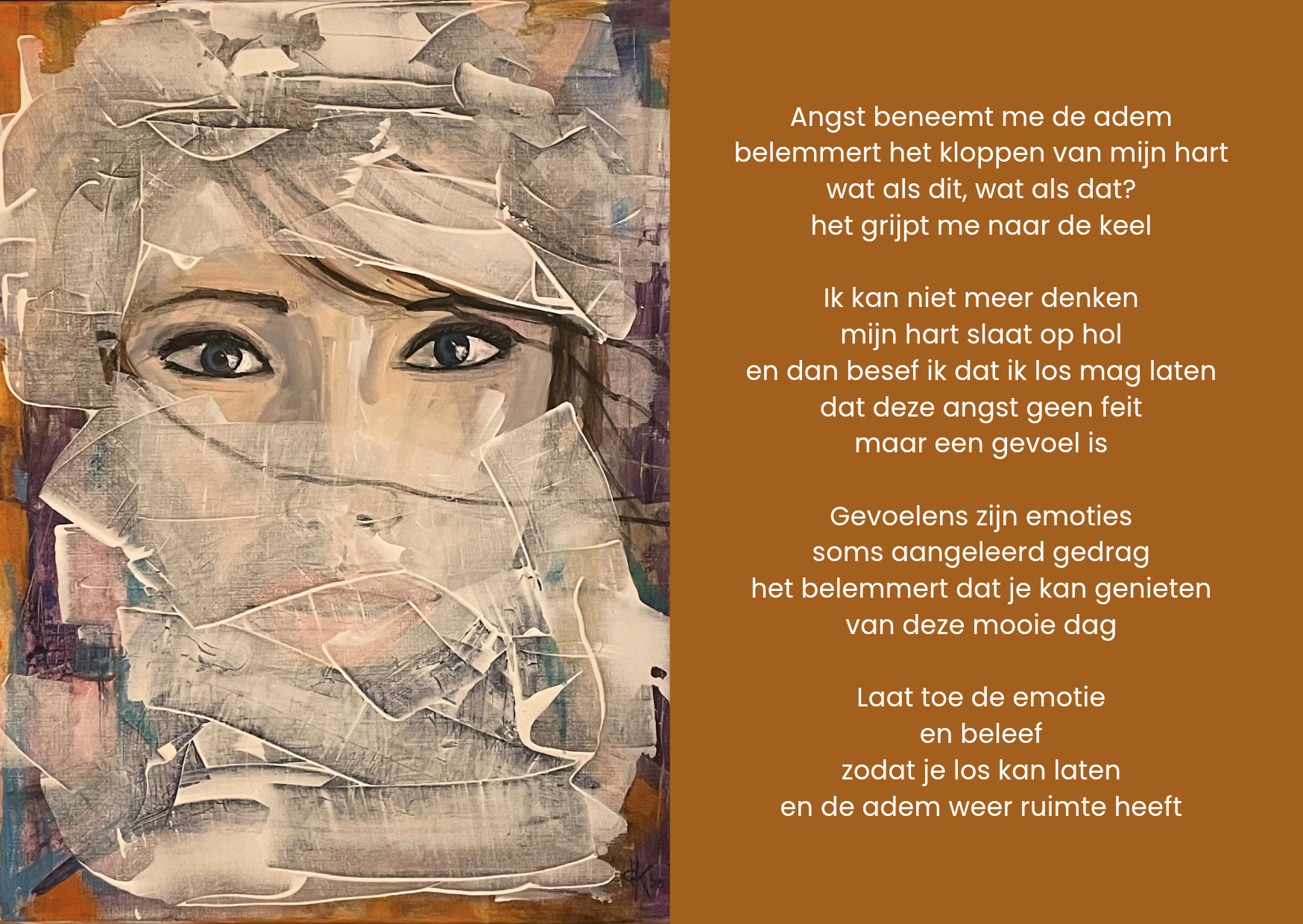 Kaart angst. Een abstract schilderij van een gezicht dat gedeeltelijk bedekt is met stroken papier.