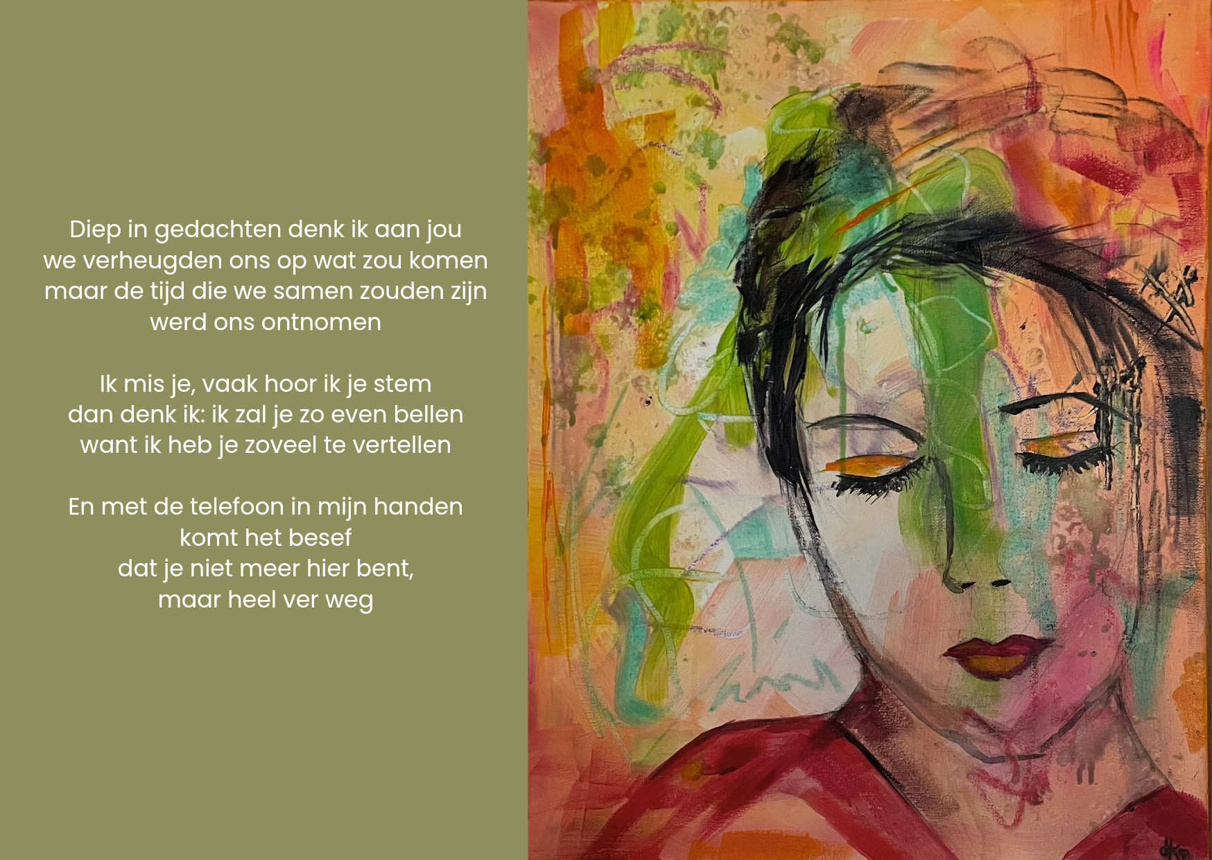 Ansichtkaarten. Een schilderij van een persoon met gesloten ogen naast een tekst.