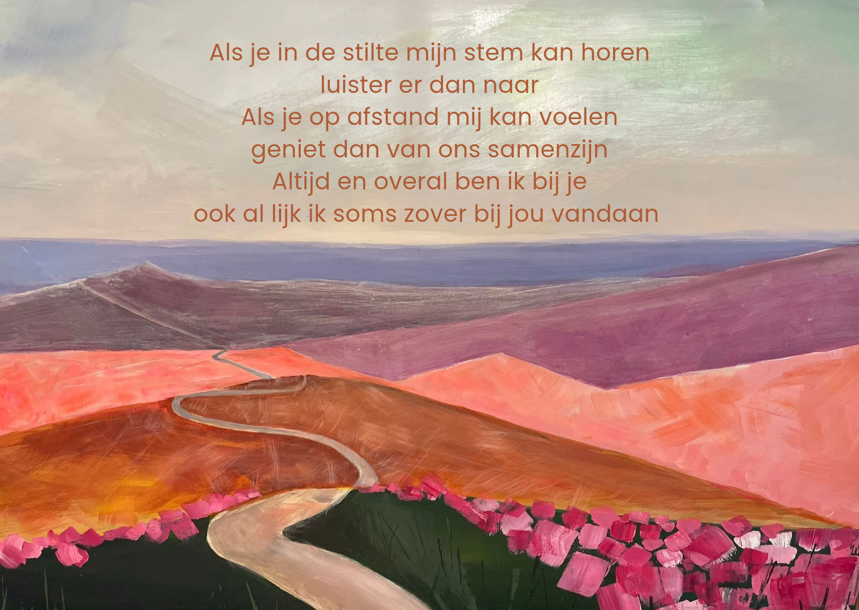 Kaart stilte. Een pad slingert door een landschap van glooiende, kleurrijke heuvels onder een zachte hemel met een tekst.