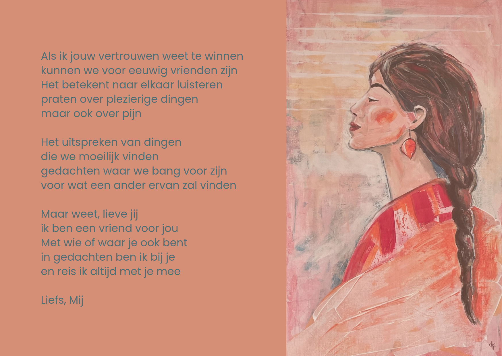Kaart vriendschap. Een zijprofielillustratie van een persoon met een vlecht naast tekst over vriendschap.