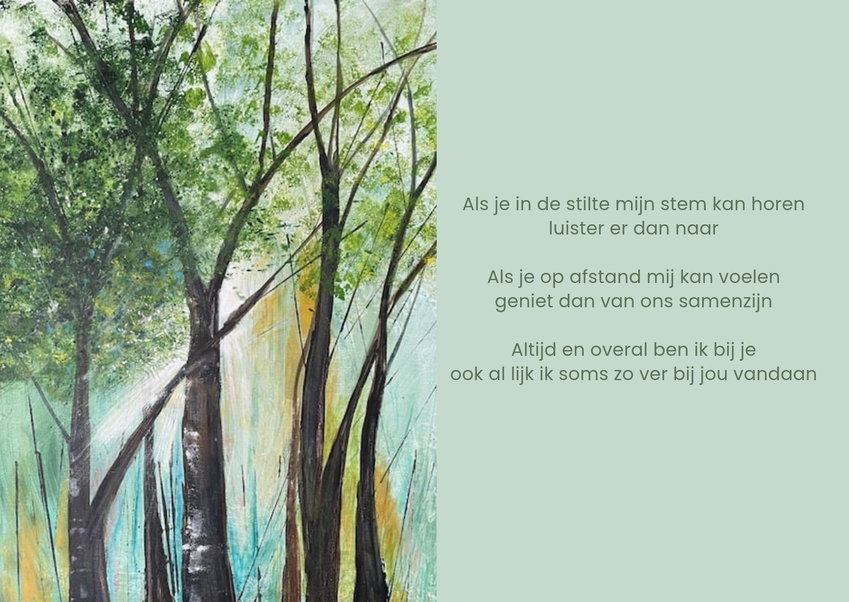 Kaart bij rouw of overlijden. Een schilderij van een bos naast een gedicht.