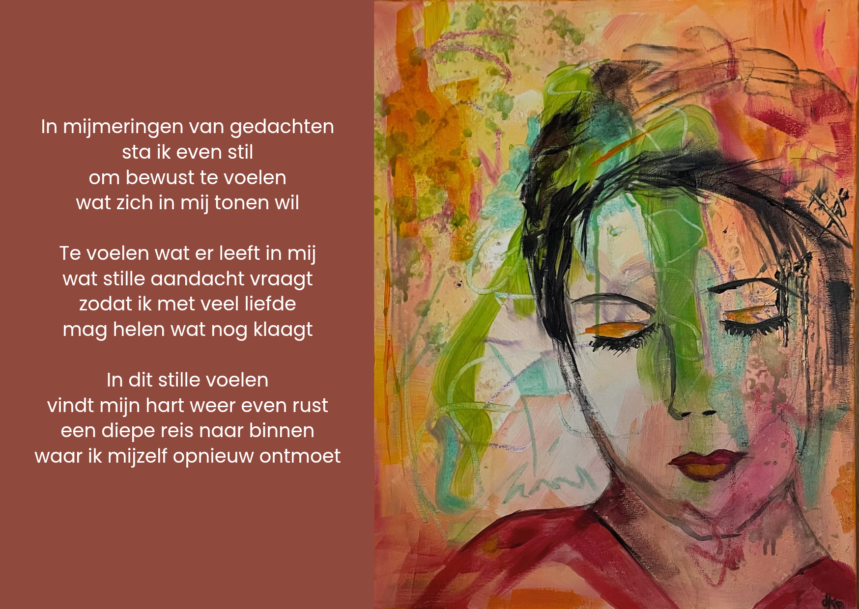 Kaart Mijmeringen. Een abstract schilderij van een persoon met gesloten ogen met een tekst.