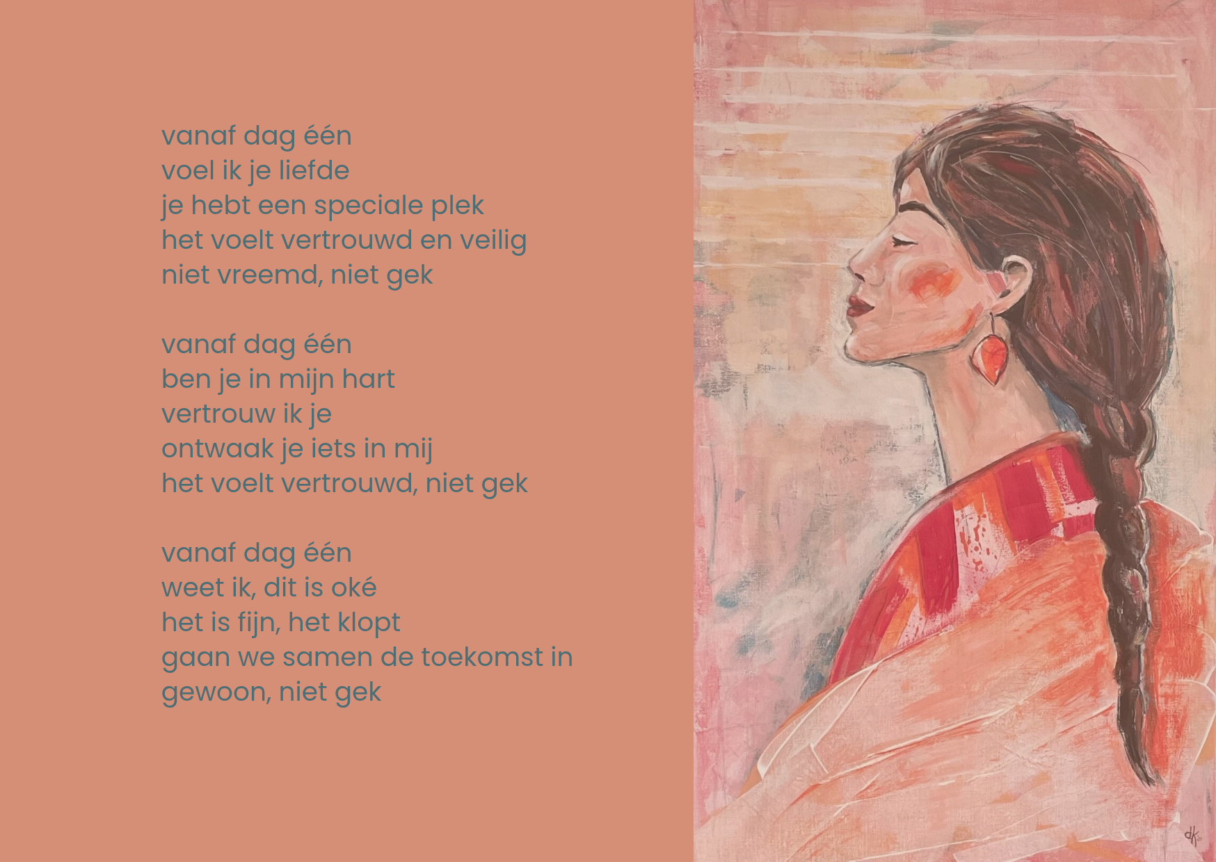 Een aquarelillustratie van een persoon in profiel naast een Nederlands gedicht met een oranje achtergrond.