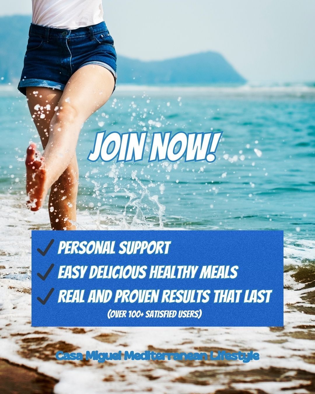 Happy woman feeling confident and healthy on the beach after Mediterranean lifestyle program