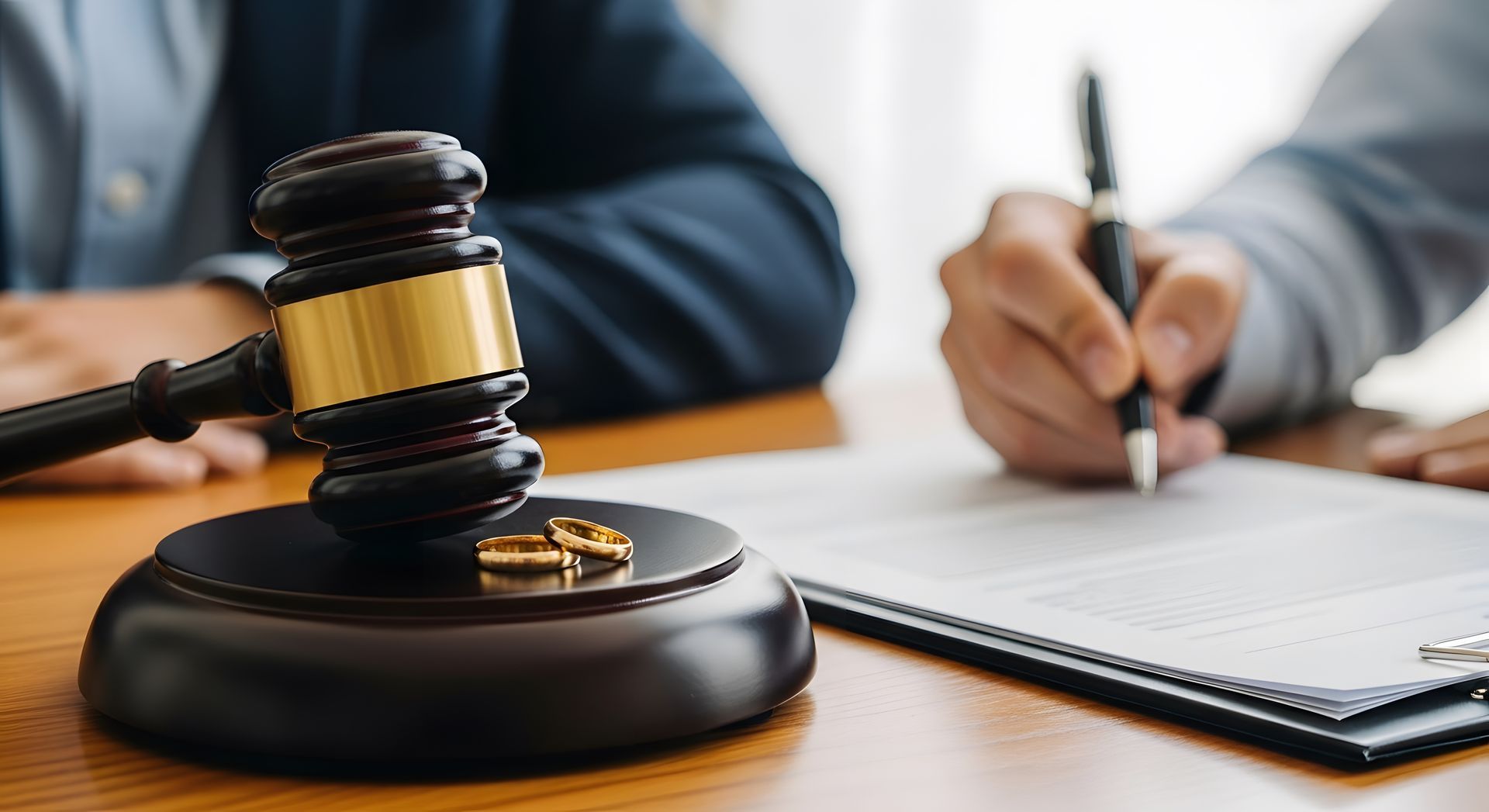Gavel and wedding ring on desk with person signing papers, representing divorce attorney services.