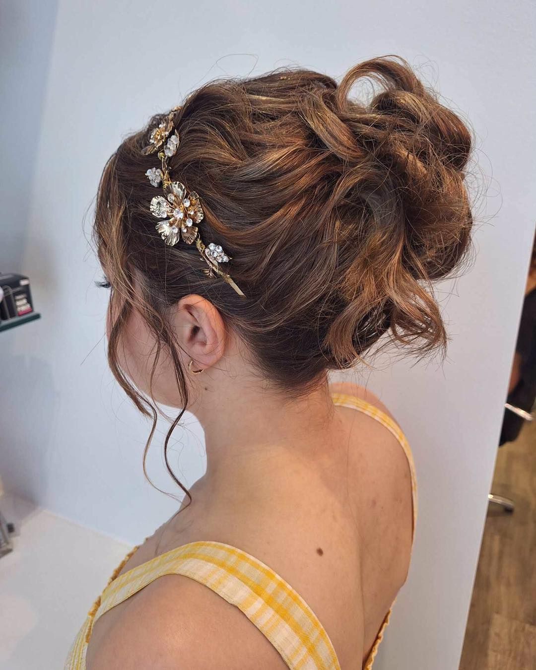 Woman With Elegant Updo Hairstyle With a Jeweled Hairpiece, Wearing a Yellow Dress — Artistry Of Hair in Redlynch, QLD