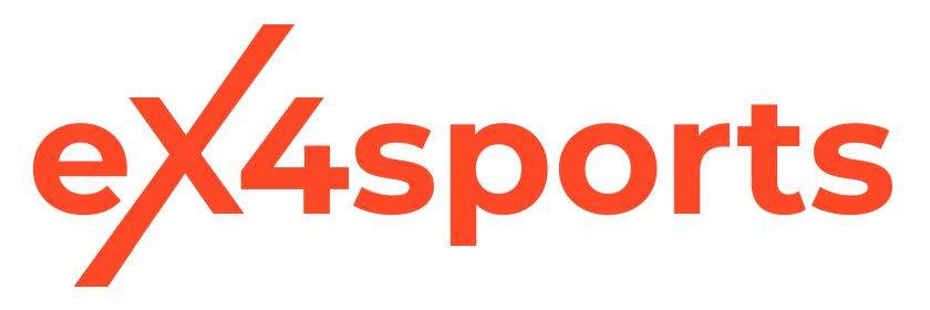 A red and white logo for ex4sports on a white background