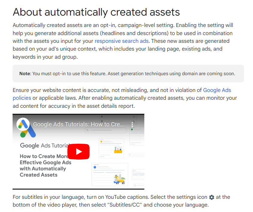 Einen Artikel von Google über die automatisch generierten Assets