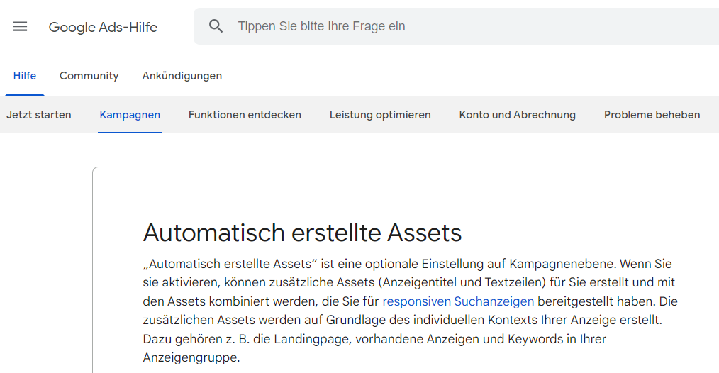 Bild von Google Support über automatisch erstellte Assets