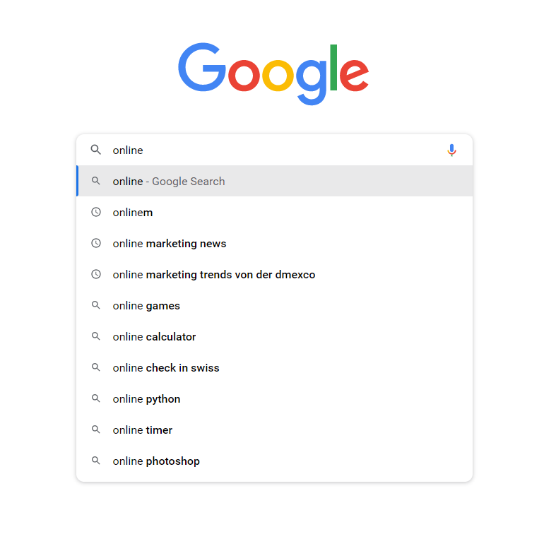 Suchfeld von Google mit Empfehlungen (Google-Autocomplete)