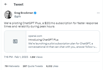 Tweet Greg Brockman über ChatGPT Plus