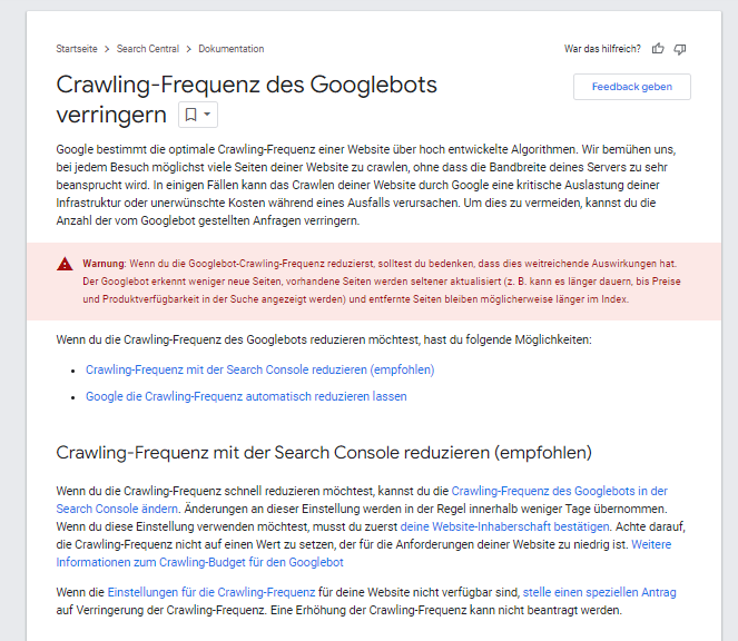 Ausschnitt eines Artikels über das Verringern der Crawling-Frequenz des Googlebots.