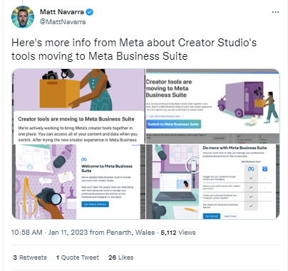 Beitrag von Matt Navarra via Twitter über Meta Business Suite