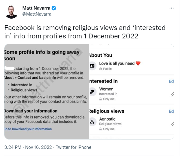 Tweet von Social Media Experte Matt Navarra zu Facebook Update