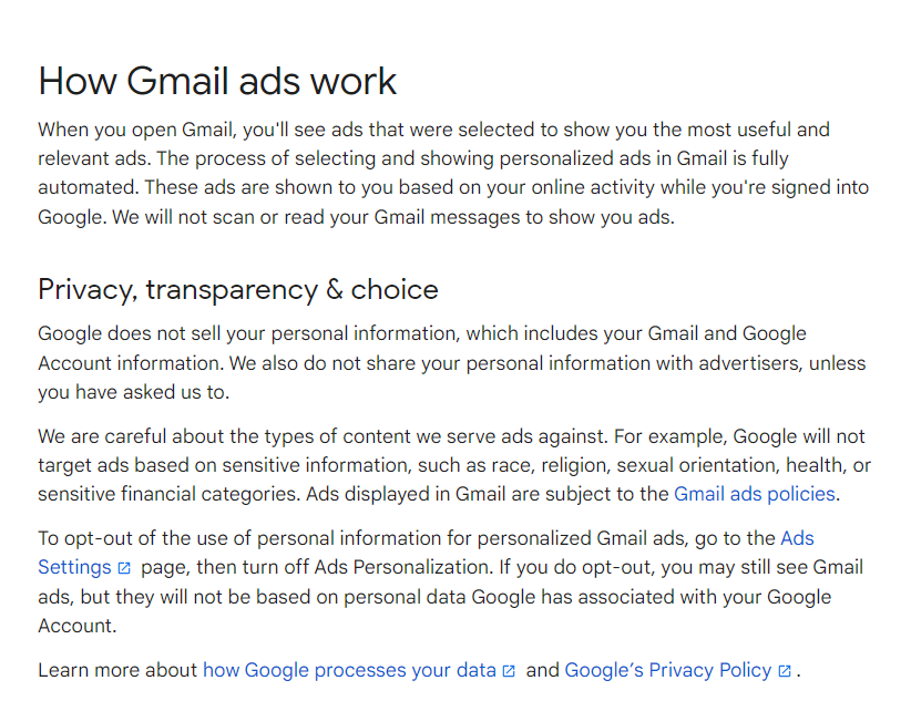 a screenshot of how gmail ads work privacy transparency and choice
