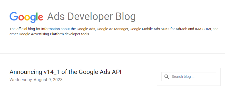 Die Grafik zeigt den Google Ads Developer Blog, wie auch die API Version 14.1