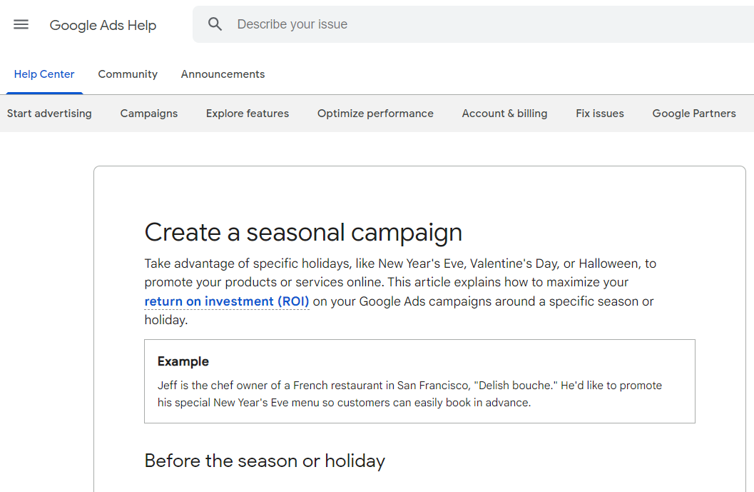 Das Bild zeigt einen Ausschnitt von Google bezüglich dem Erstellen einer saisonalen Kampagne