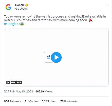 Die Grafik zeigt einen Beitrag von Twitter bezüglich dem neusten Stand bei Google Bard