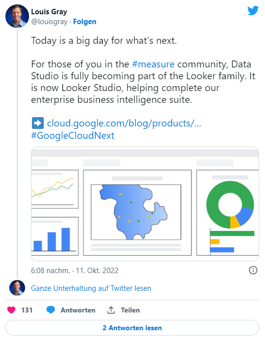 Tweet mit Info, dass Google Data Studio neu Google Looker Studio heisst