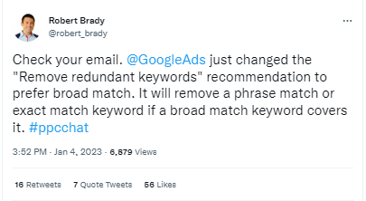 Beitrag von Robert Brady via Twitter über die Änderungen im Bereich überflüssige Keywords